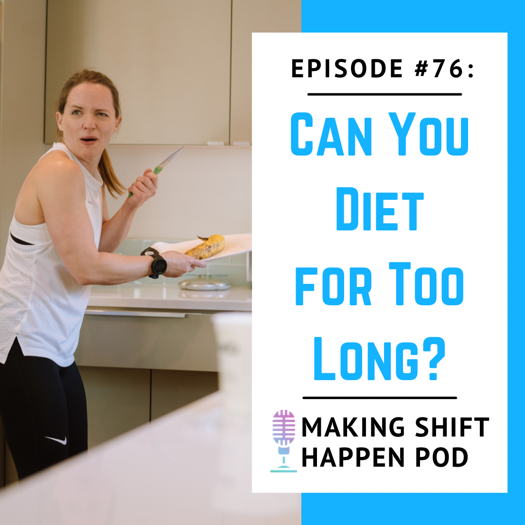 Jen is holdiing a knife and making a funny face while slicing a banana. The title of the episode "Can You Diet for Too Long" is in blue font over a white background.