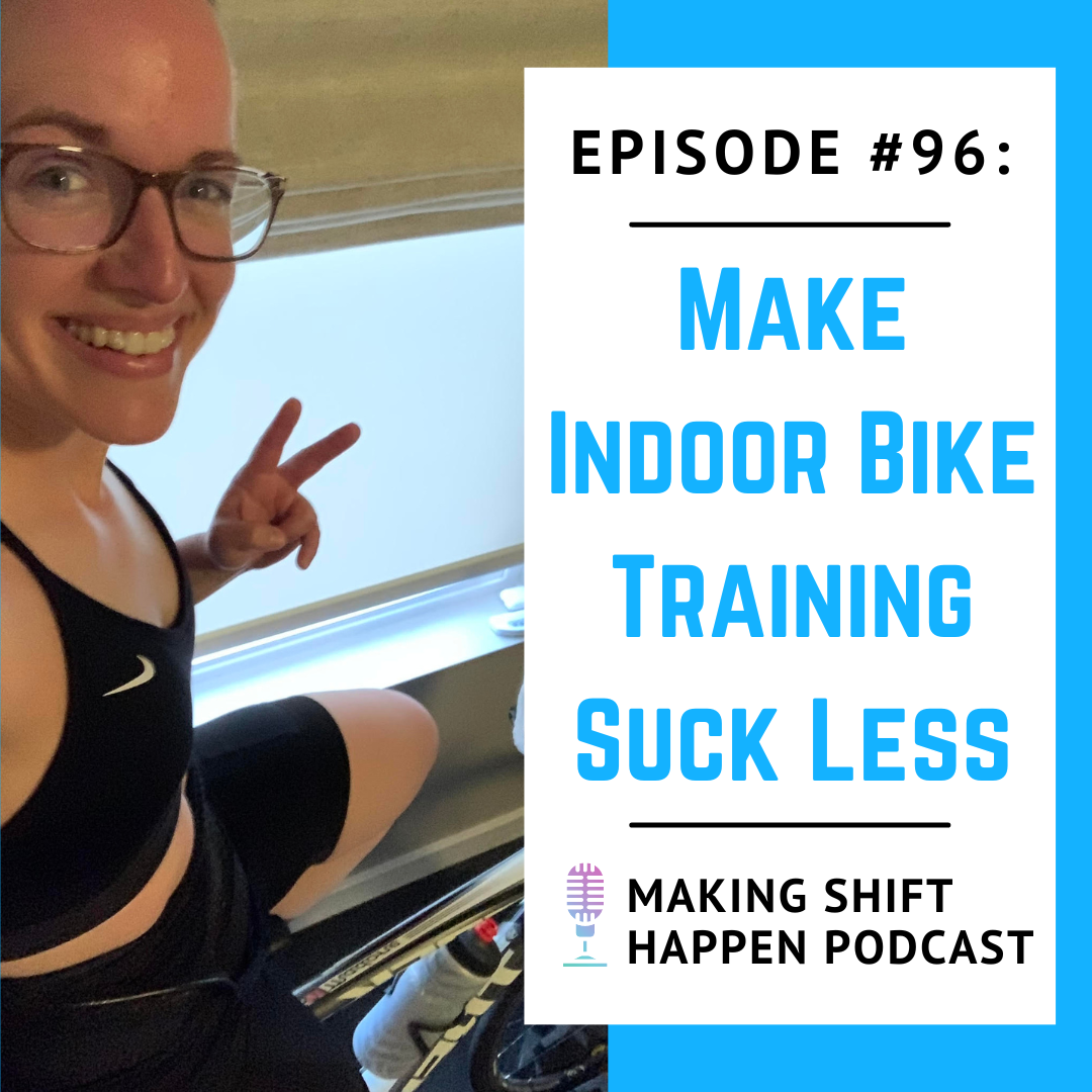 Jen is wearing a pair of black bib shorts, a black sports bra, and glasses as she sits on her bike trainer, smiling/grimacing, and throwing a peace sign. The title of the podcast episode is in blue font over a white background.