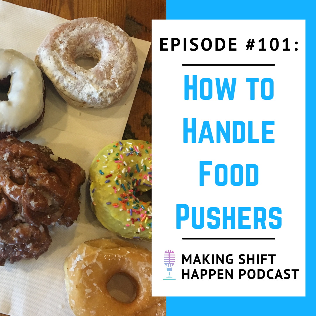 A colorful display of doughnuts across a table is next to the title of the podcast in white letters on a sky blue background. The doughnuts include sprinkles, an apple fritter, and some classic flavors like yeast, and powdered sugar.