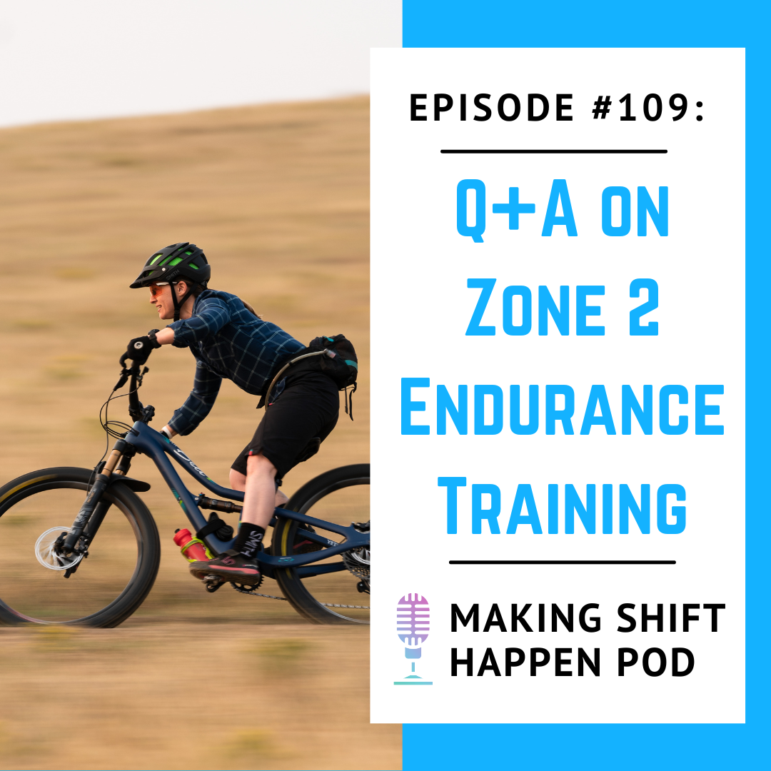 Jen is wearing a blue plaid long sleeved biking flannel, black shorts and black shoes and helmet while mountain biking among yellow grass. The title of the podcast episode is in sky blue letters on a white background.