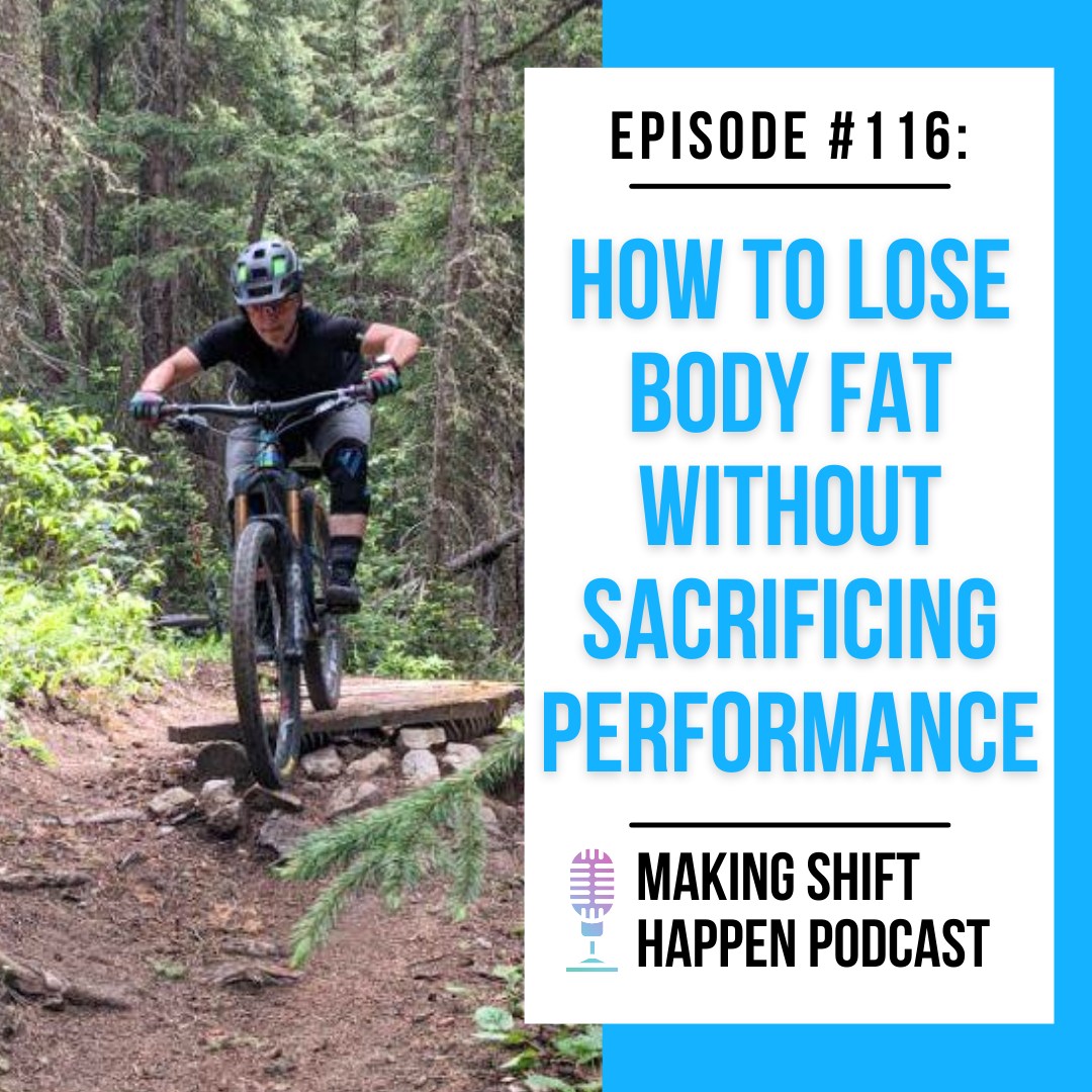 Jen is wearing a black short-sleeve jersey and purple shorts while mountain biking over a wooden obstacle on the trail, surrounded by pine trees. The title of the podcast episode is in sky blue font over a white background.