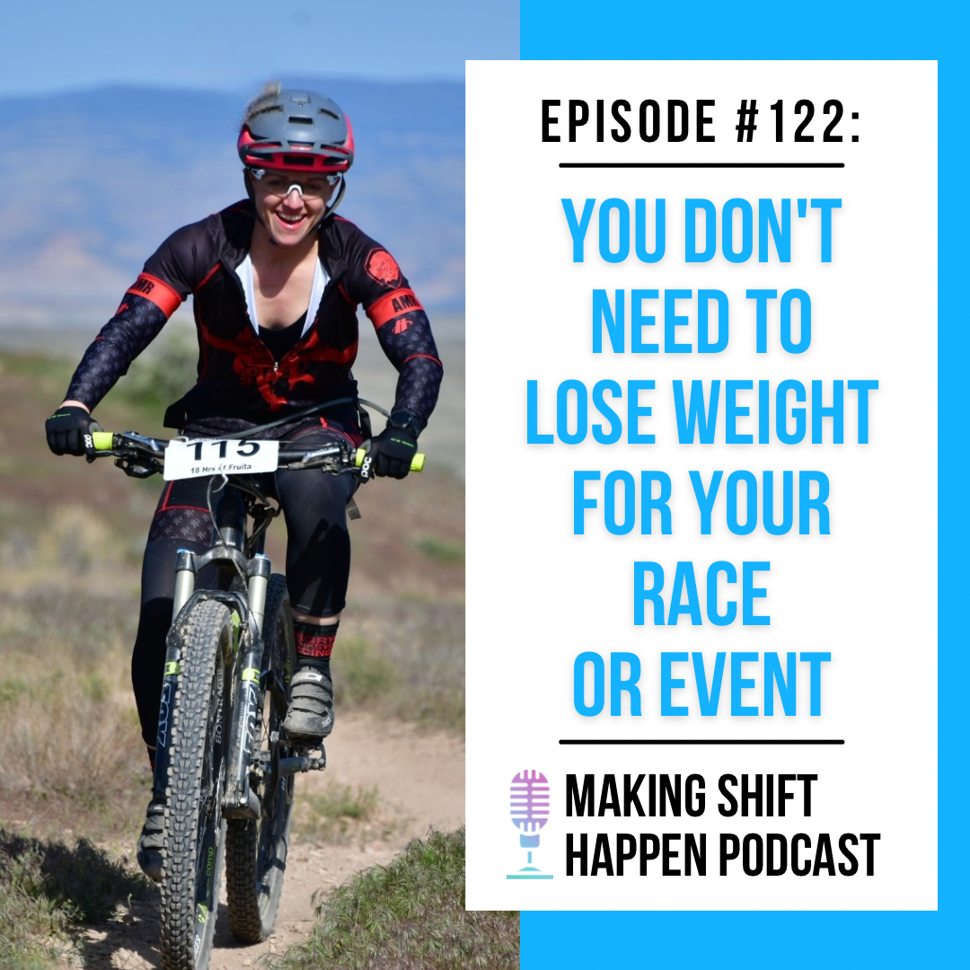 Jen is smiling while racing her bike at 18 Hours of Fruita while wearing a black and red kit, with the rolling red and green desert hills of Fruita in the background. The title of the podcast episode is in sky blue font on a white background.