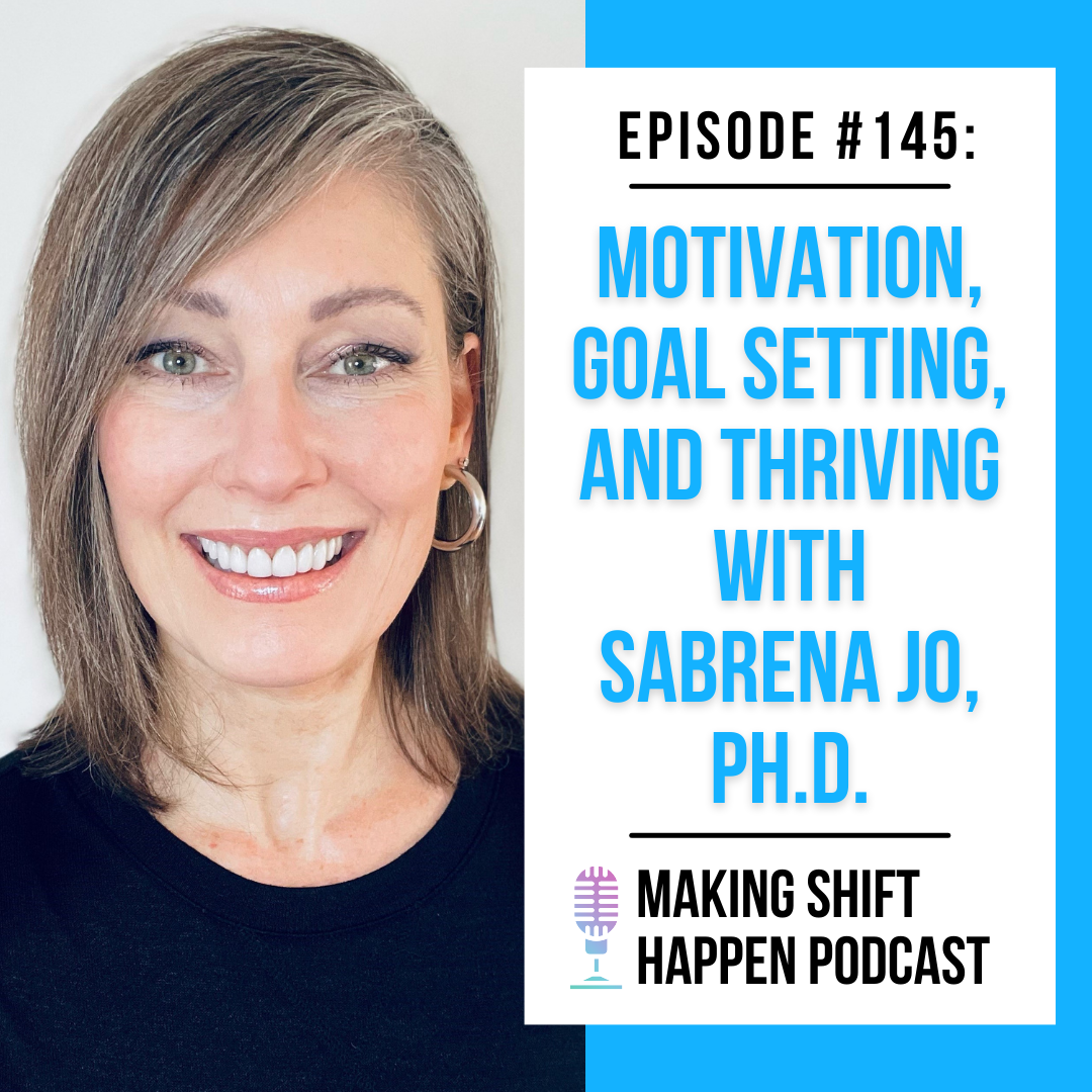 Sabrena is a white-bodies woman with salt and pepper hair and wearing a black shirt while smiling and looking into the camera. The title of the podcast episode is in sky blue font on a white background.
