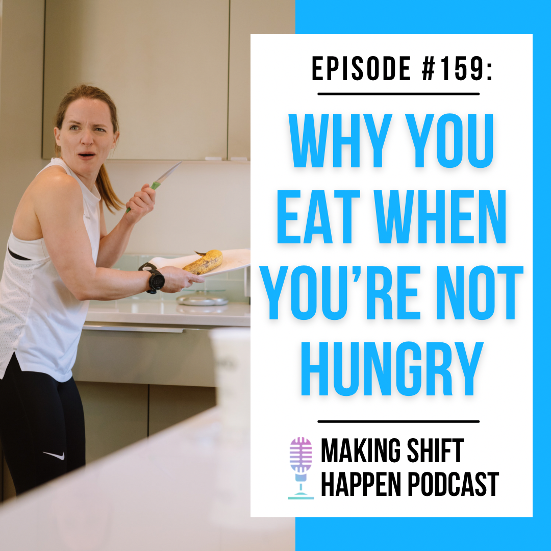 Jen is wearing a white tank and black capris while standing in her kitchen, holding a small knife with a humorous look on her face. the podcast title is in sky bue font on a while background.