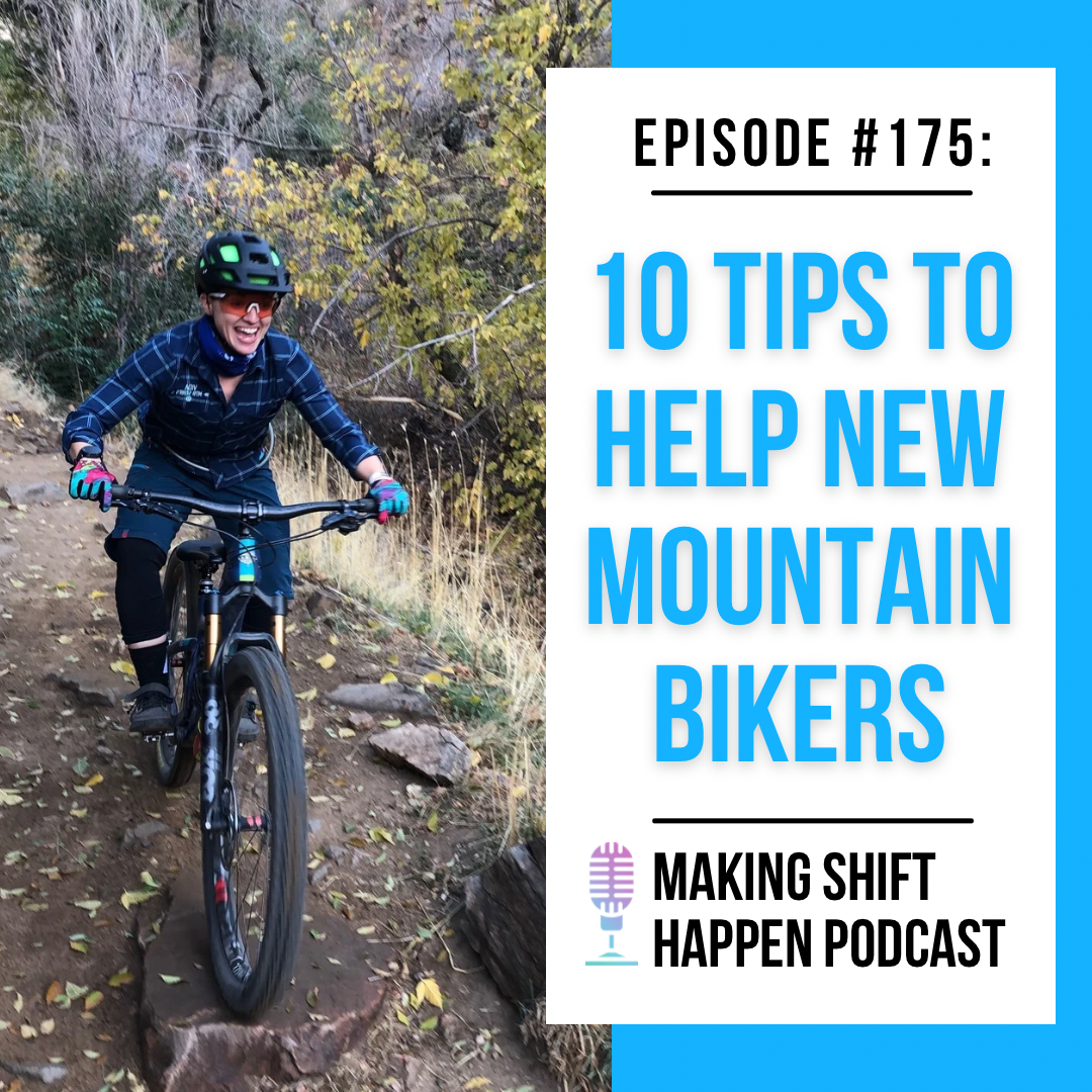 Jen is wearing a blue flannel, black shorts, and a black and lime green helmet as she is riding her mountain bike down a trail while smiling ear-to-ear. The episode title is in sky blue font on a white background.