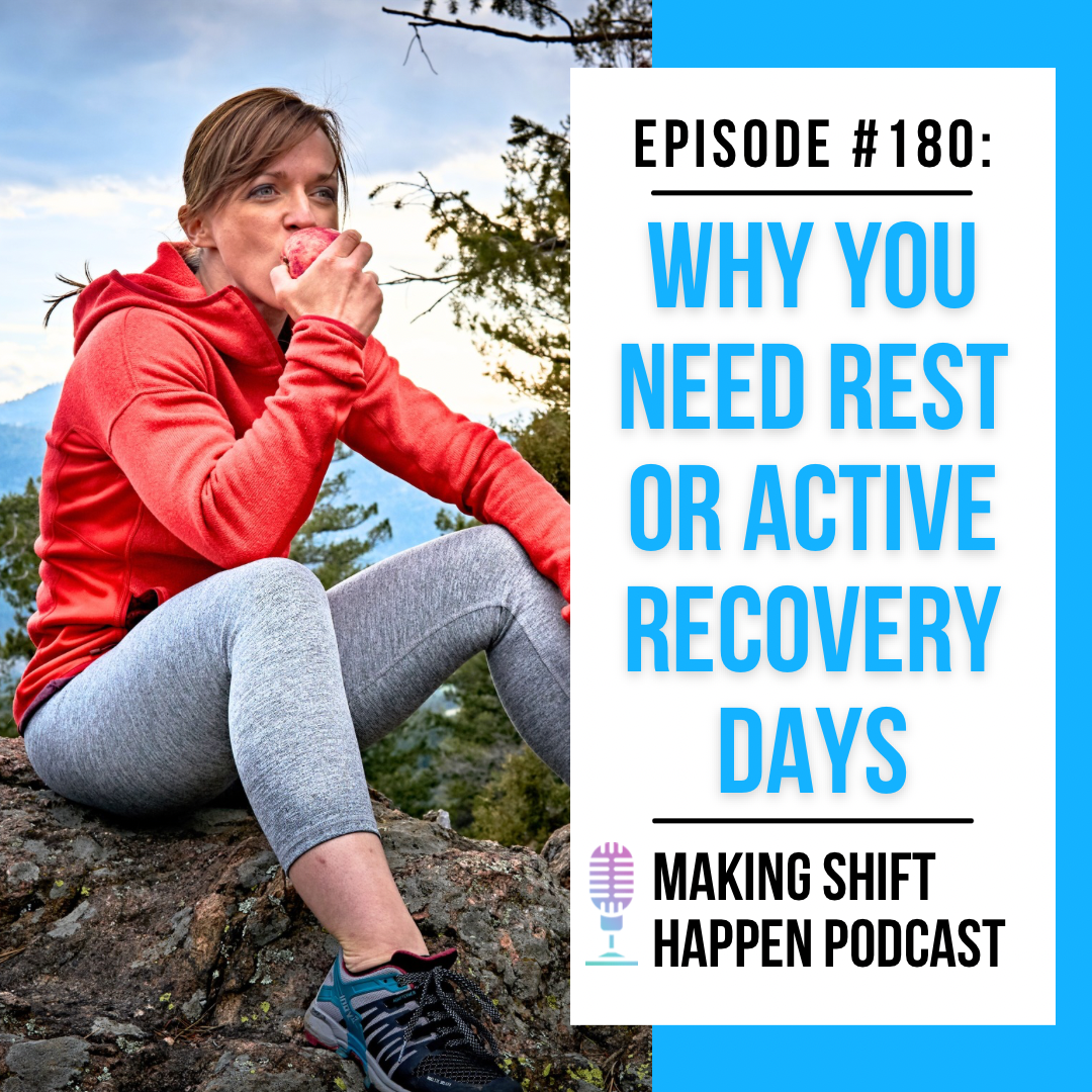 Jen is wearing a red fleece jacket and black and white capris while she is sitting on top of a grey rock eating a red apple. The title of the podcast episode is in sky blue font on a white background.