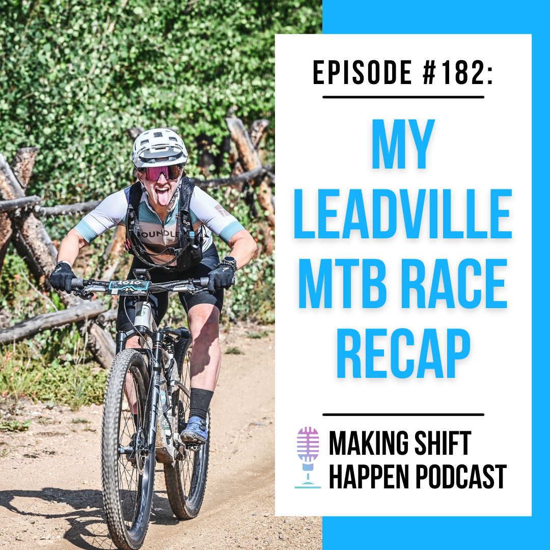 Jen is wearing a white, teal, and brown kit, white helmet, and bright blue shoes while smiling and sticking her tongue out as she descends on her mountain bike while racing in Leadville. The title of the episode is in sky blue font on a white background.