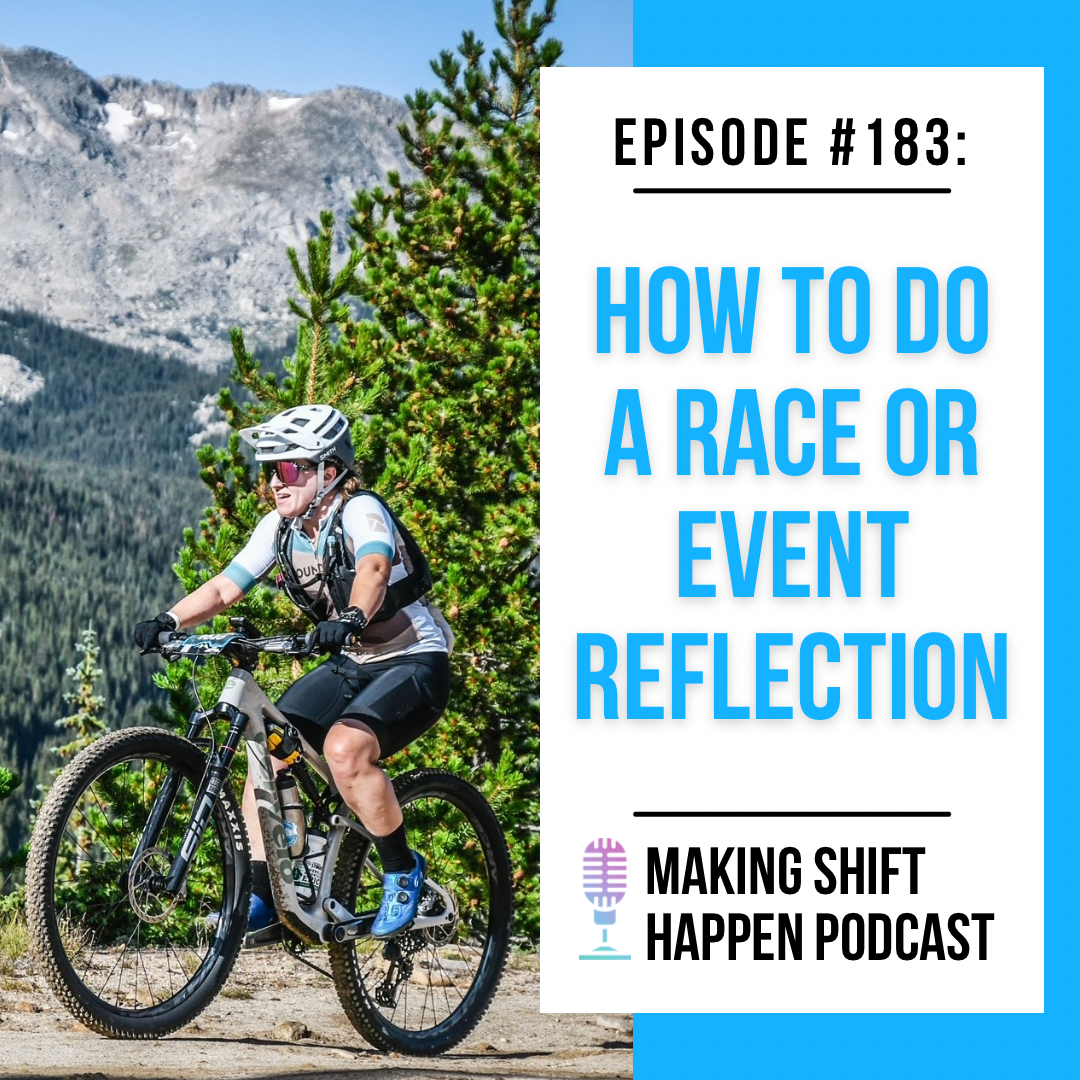 Jen is wearing a white and teal jersey with black shorts and a white helmet as she is racing up a mountain in Leadville with the grey mountain behind her in the distance. The title of the episode is in sky blue font on a white background.