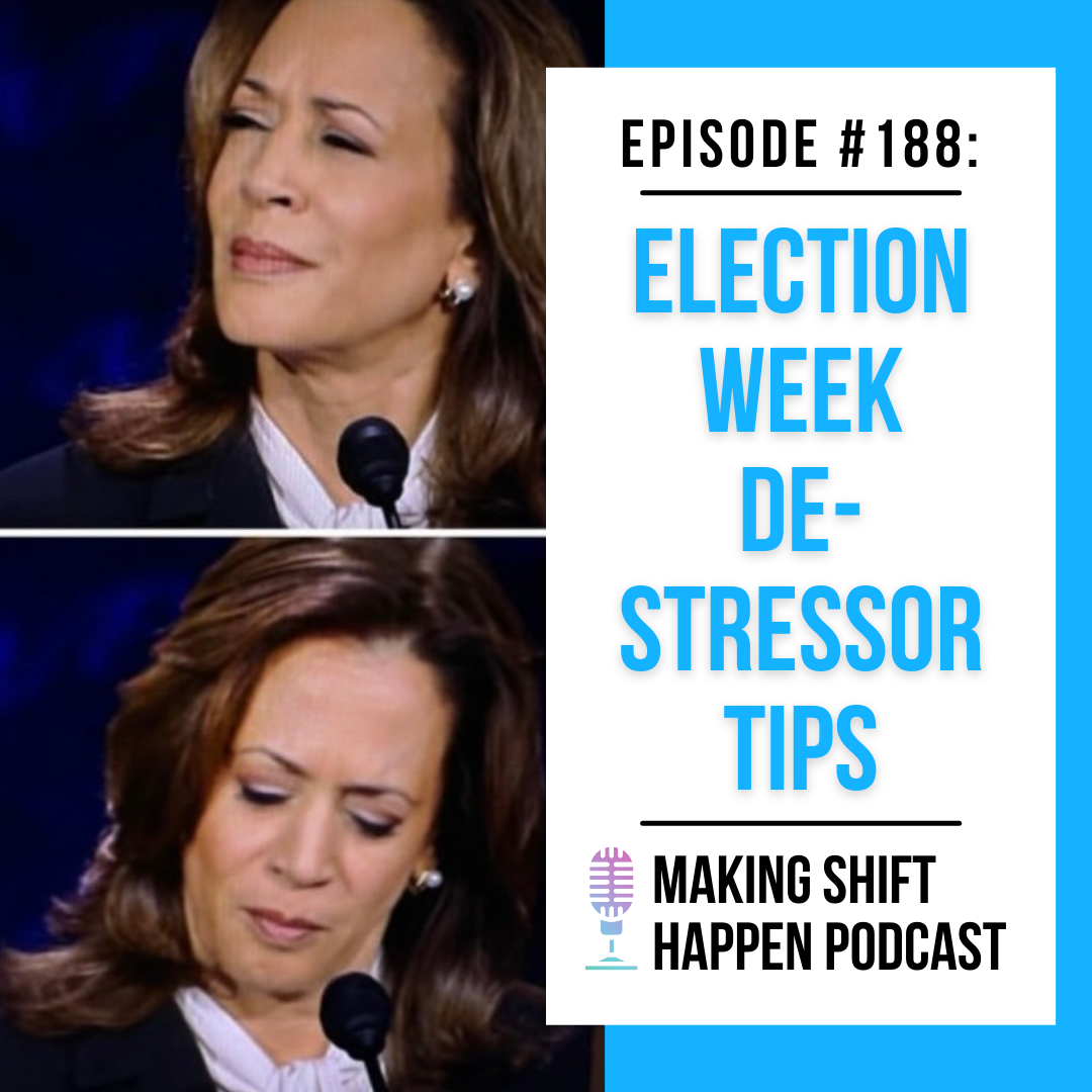 Two photos of Vice President Kamala Harris dressed in a white collared shirt and black suit jacket, making skeptical expressions on her face flank the title of this episode in sky blue font on a white background.