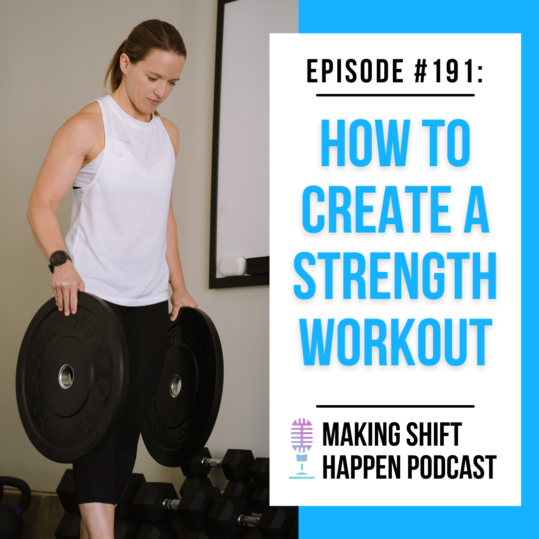 Jen is wearing a white tank top and black capris while she carries a weight plate in each hand as she walks in her garage gym. The title of the episode is in sky blue font on a white background.