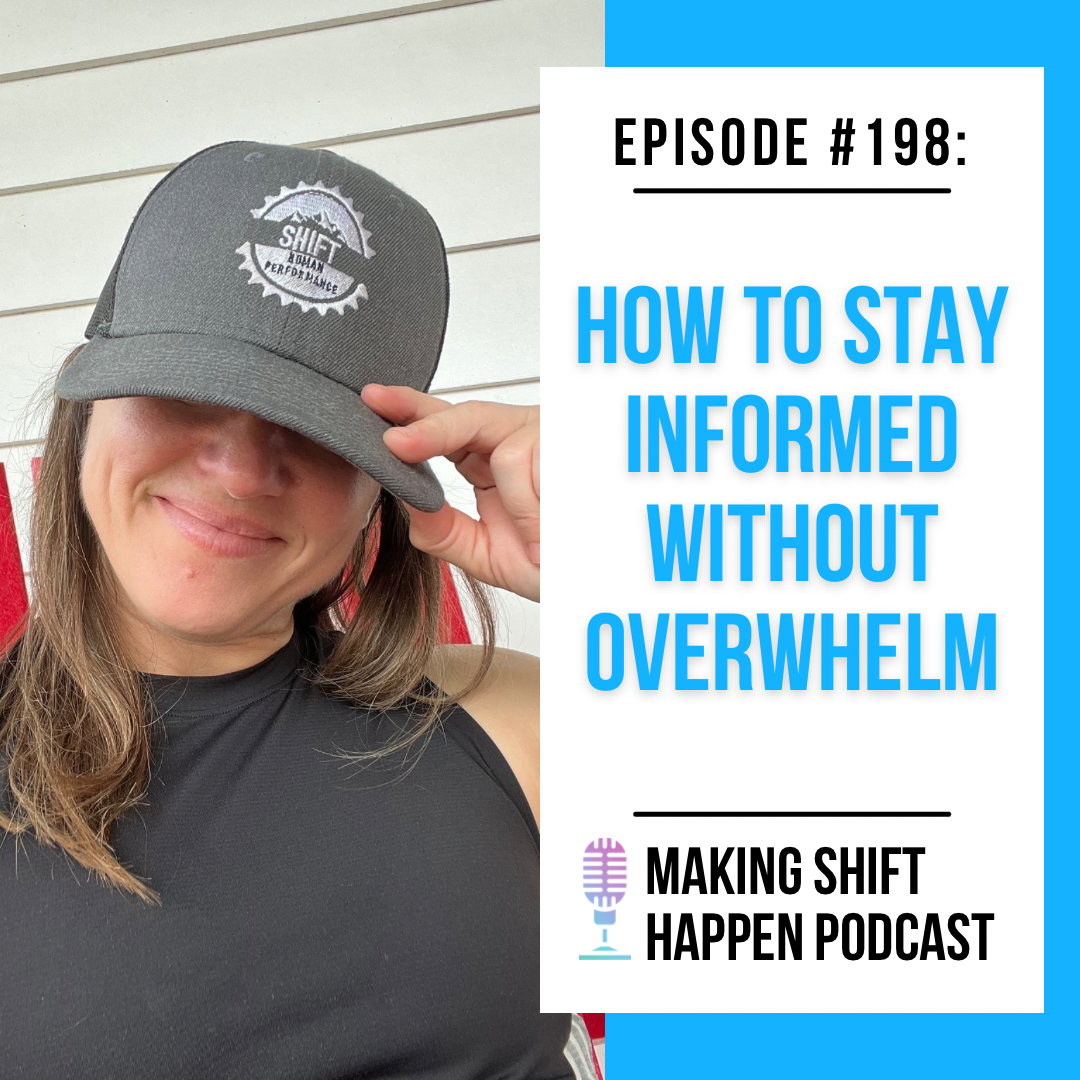 Jen is wearing a green tank top and her Shift Human Performance hat. She has her hat pulled down over her eyes as her smile is showing underneath the hat's bill. The title of the episode is in sky blue font on a white background.