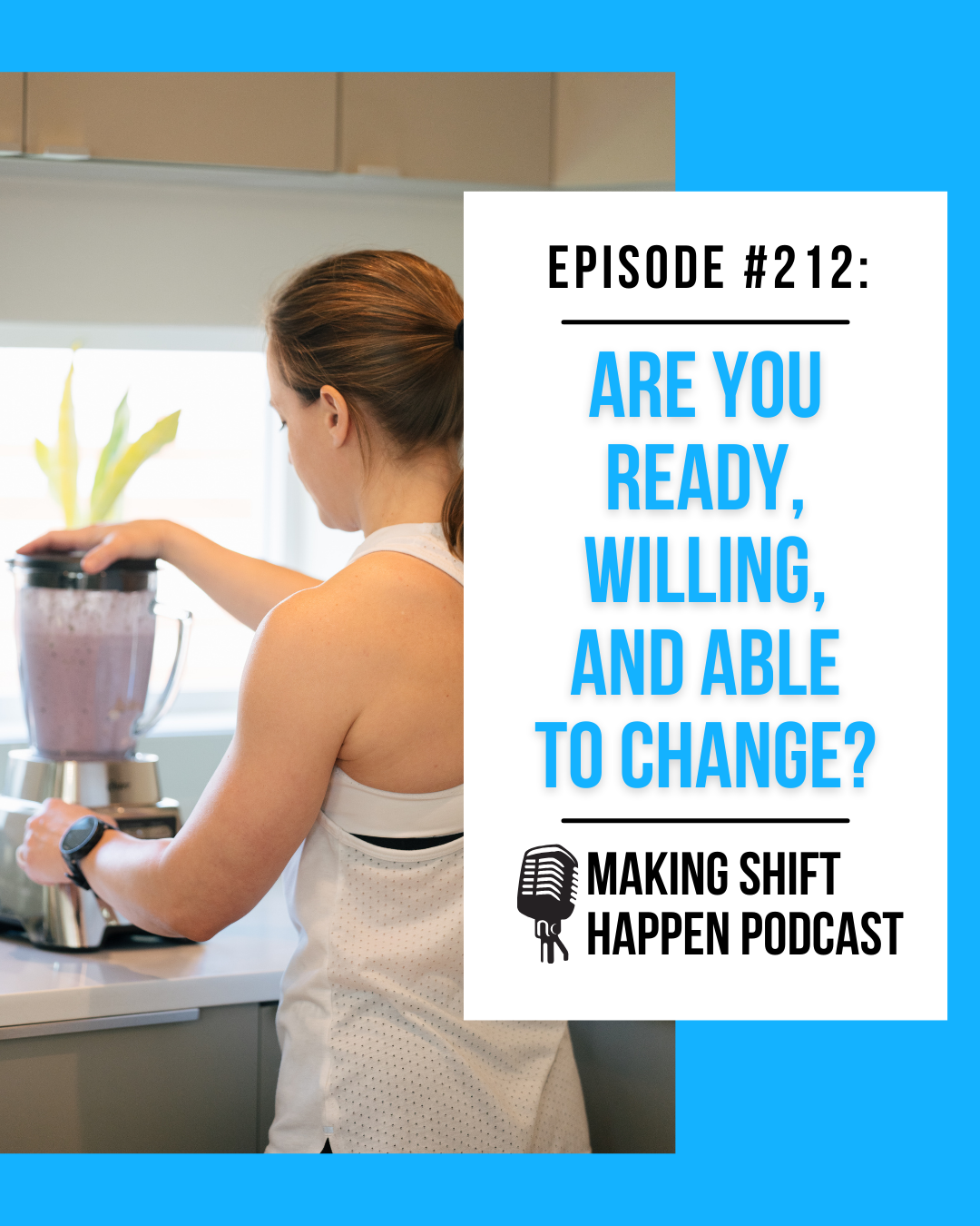 Jen is wearing a white tank top and standing at her kitchen counter making a blueberry-filled protein smoothie in her glass blender.
