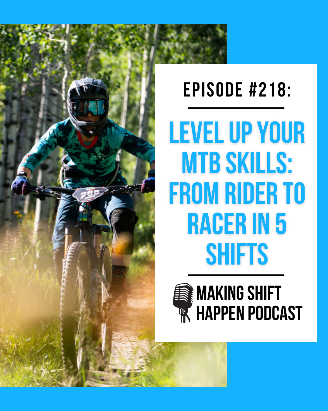 Jen is wearing a Yeti Cycles turquoise jersey and teal shorts with black knee pads and a grey full face helmet with blue reflective goggles while she races on her bike in the ready position, with a race number plate on the front of her bike.