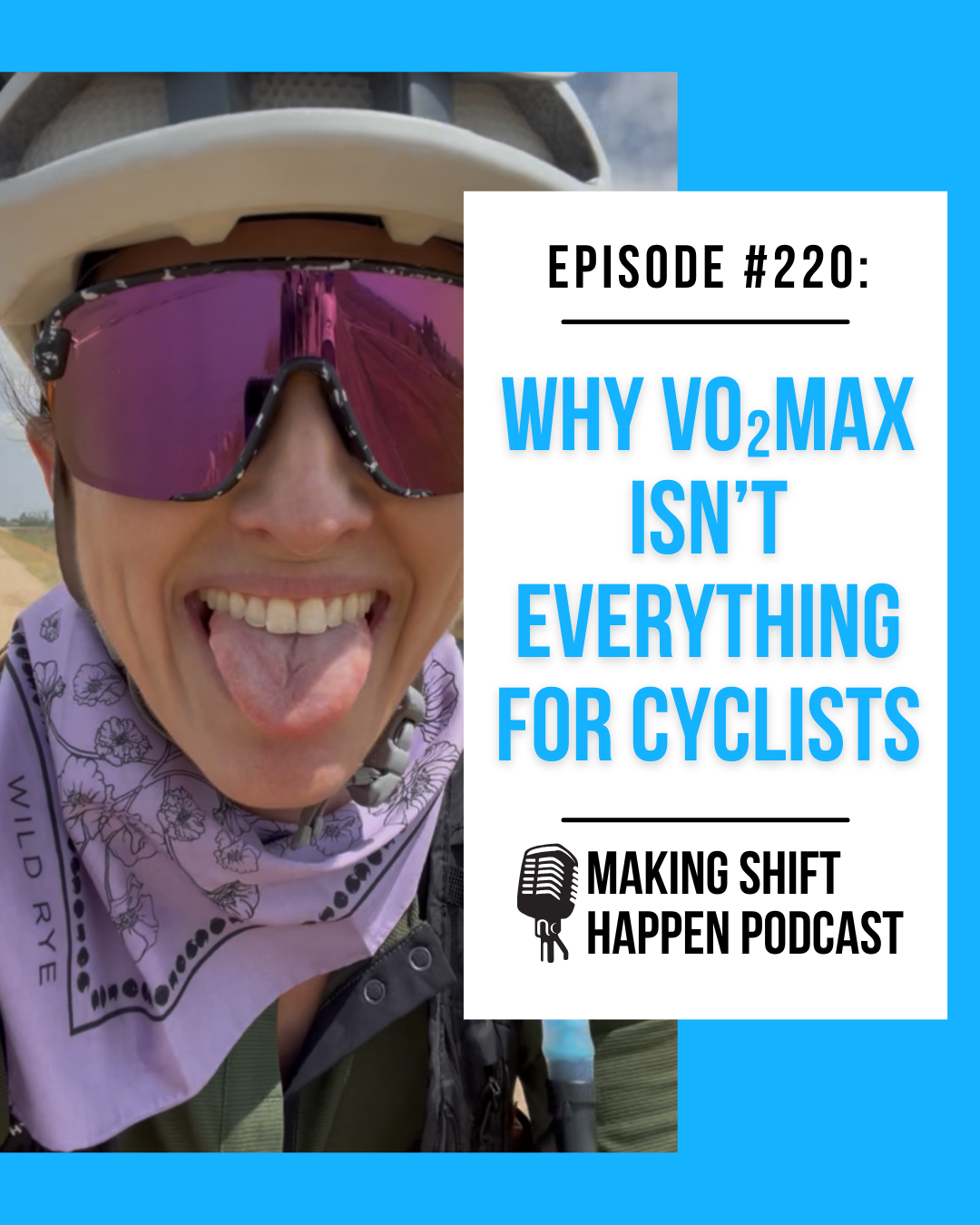 Jen is wearing a hunter green jersey and purple bandana around her neck while looking into the camera and sticking her tongue out while riding her gravel bike. The episode title is in sky blue font on a white background.