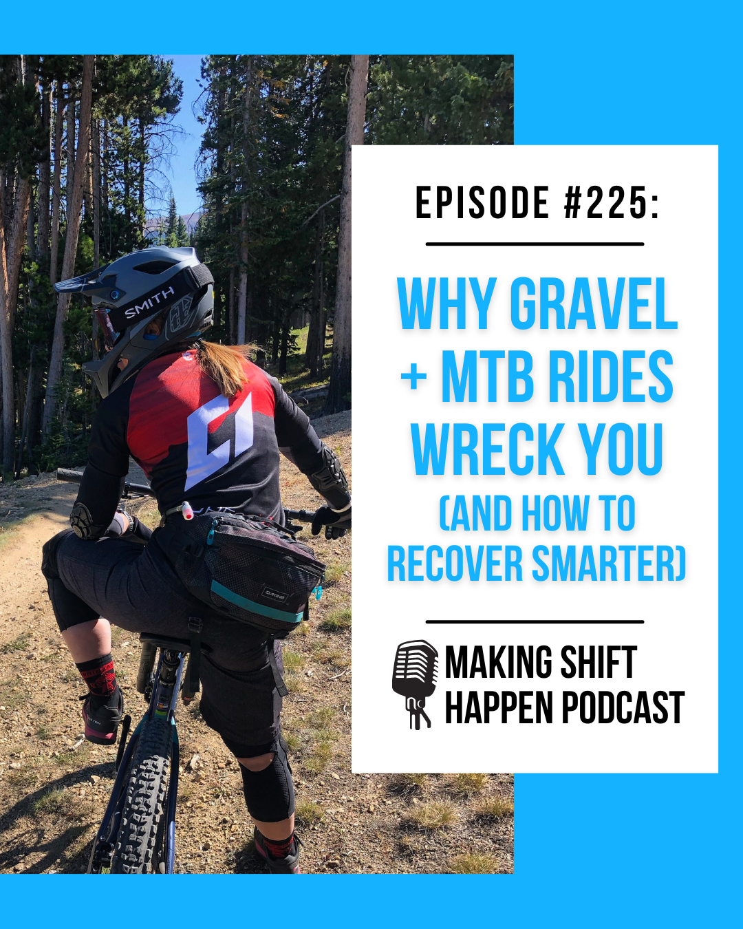 Jen is wearing an all-black kit and full face helmet on her mountain bike while starting off into the distance.
