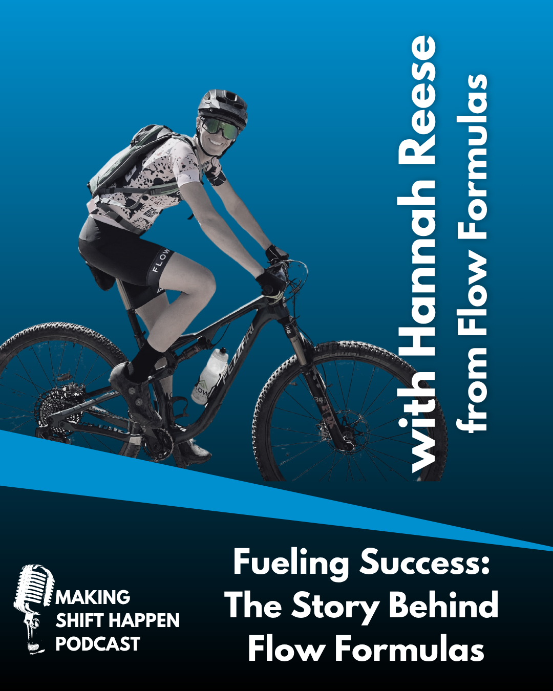 Hannah is wearing a Flow Formulas bike kit and is on her mountain bike, looking to the right over her shoulder while smiling. The title of the episode is in white font on a gradient darker blue background.