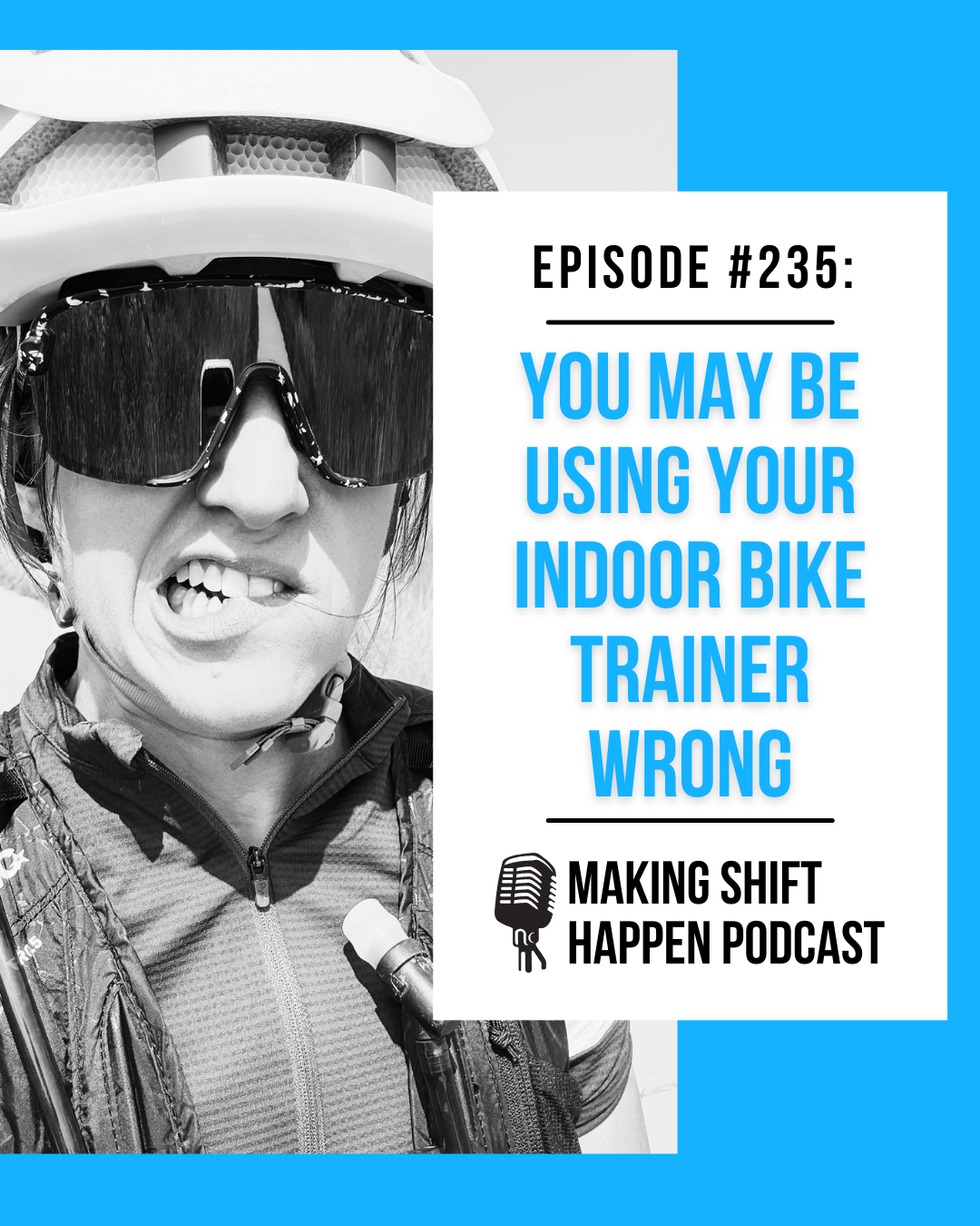 Episode 235 (1080 x 1350 px) Black and white image of Jen with her white helmet and large sunglasses on, looking into the camera, sticking her tongue out.