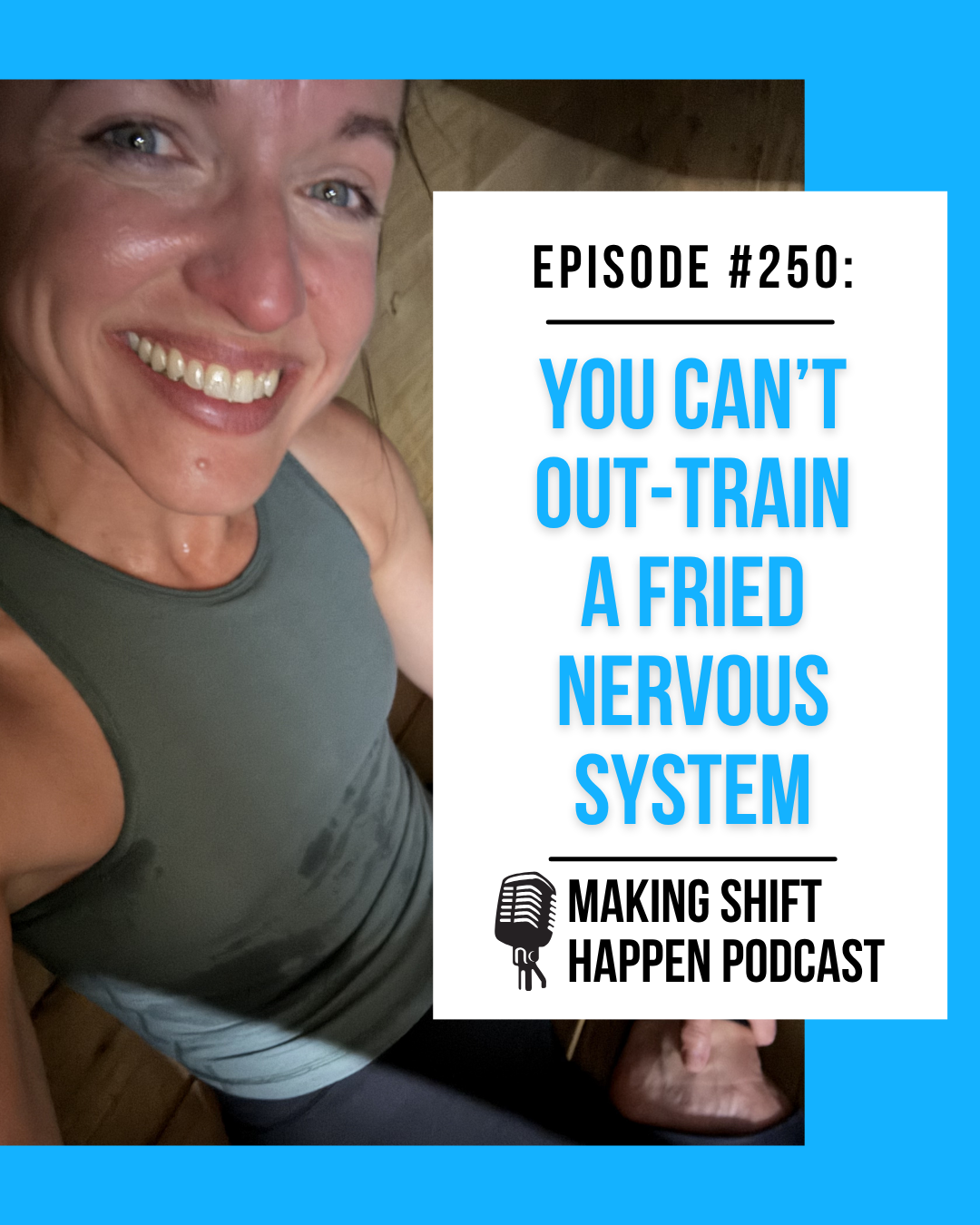 Jen is wearing a green tank top and is sweaty as she sits in a wooden dry sauna, smiling at the camera. The episode title is in sky blue font on a white background.