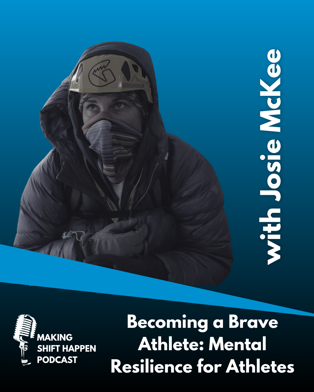 Josie is in a down puffy coat, with her hood pulled up over her climbing helmet, and her arms are crossed in front of her, with gloved hands and a buff pulled up over half of her face to keep her warm. She is looking up and to her right. The title of the episode is in white font on a gradient sky blue background.